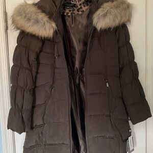 Laundry By Shelli Segal Brown Puffer Jacket with Faux Fur Hood
